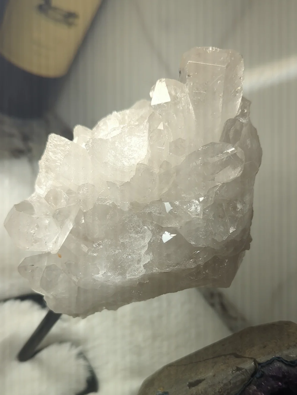Natural Amethyst Geode And Quartz White Crystal Home Accent - Mounted On Stands.